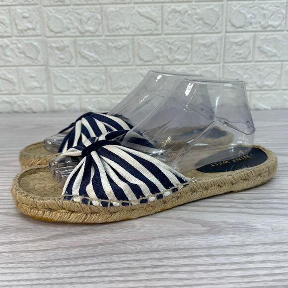 Nine West Slide Sandals SZ 10B Flat Espadrille Slip On Black White Striped Open - Picture 5 of 9